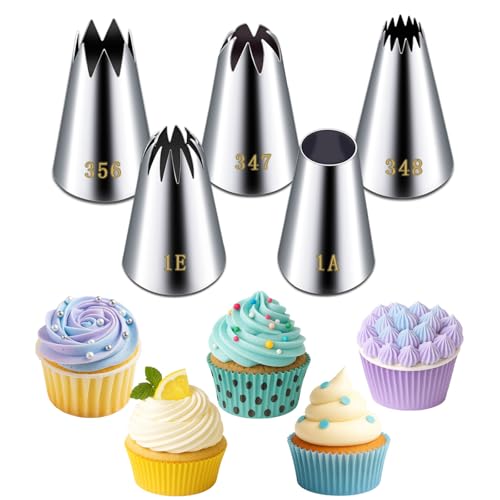 Suuker Large Piping Tips Set, Stainless Steel Frosting Piping Kit, 5 Pieces Pastry Cake Decorating Tips Baking Tools for Cookies Cupcake Decorating Kit (1A 1E 348 347 356) - Image 1