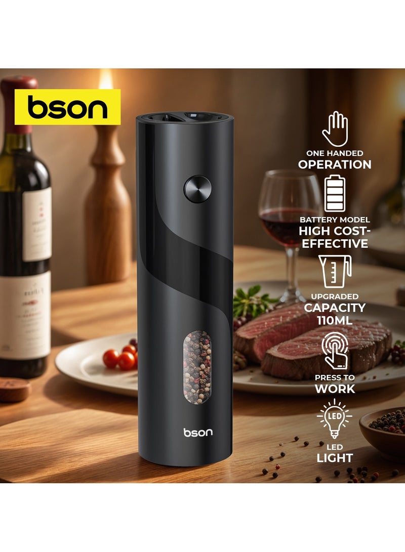 BSON مطحنة فلفل كهربائية بمحرك قوي 25 واط - ضوء LED دقيق، سعة كبيرة 110 مل - تشغيل بيد واحدة - تطحن الفلفل والملح والفلفل الحار والقرنفل والهيل بسهولة - Image 4