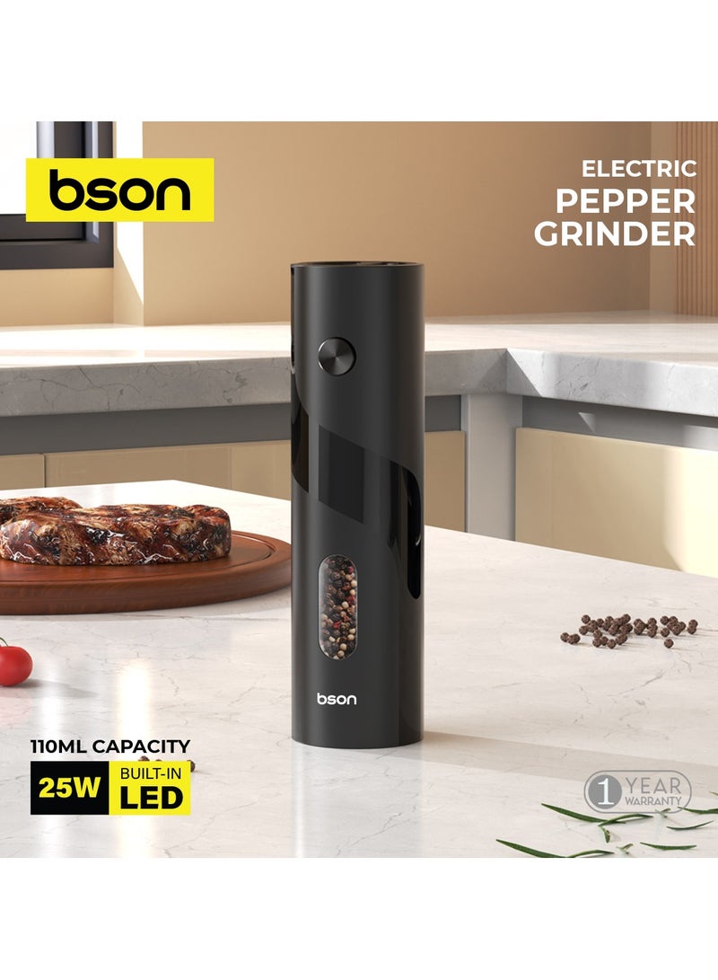 BSON مطحنة فلفل كهربائية بمحرك قوي 25 واط - ضوء LED دقيق، سعة كبيرة 110 مل - تشغيل بيد واحدة - تطحن الفلفل والملح والفلفل الحار والقرنفل والهيل بسهولة - Image 3