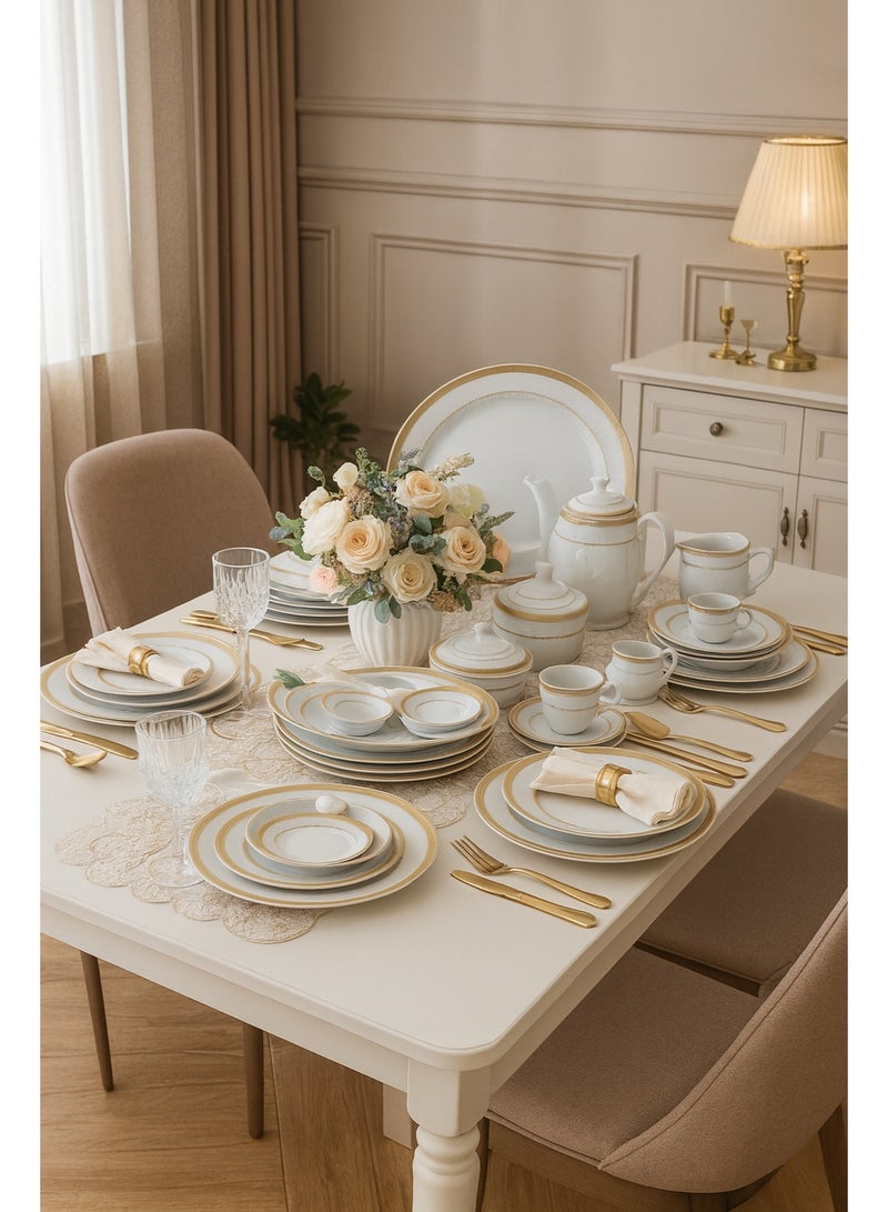 Dania 49 Pieces Porcelain Dining Set White Color With Golden Font Enough For 6 People White - Image 1