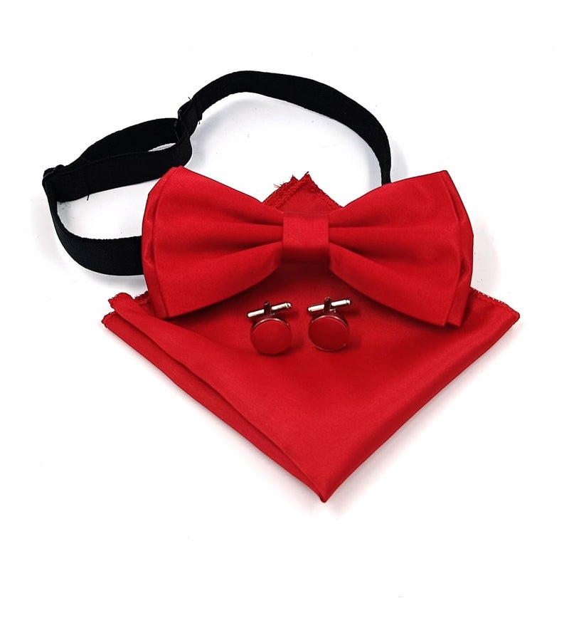 UTF Store Mens Solid Color Double Fold Pre-tied Bow Tie and Pocket Square Cufflink Set - Image 1