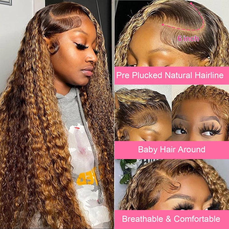 ZZMDS 30 Inch 13x6 Deep Wave Lace Front Wigs Human Hair Pre Plucked 4/27 Highlight Ombre Colored Glueless Wigs Water Wave Honey Blonde Lace Frontal Wigs Human for Women with Baby Hair - Image 3