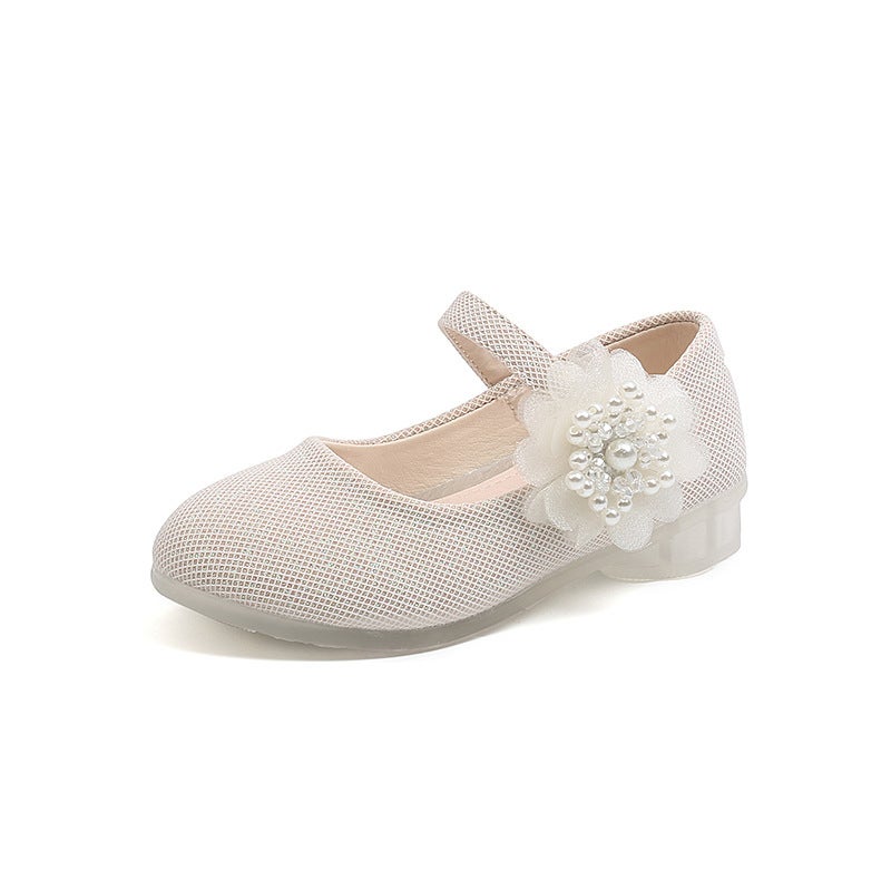 Korean Fashion Pearl Flower Girls Dress Shoes Beige