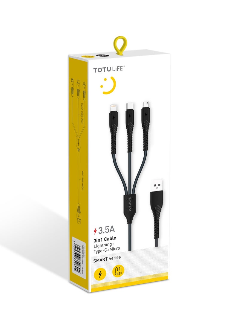 Totulife SMART Series 3-in-1 Fast Charging Cable – TPE Wire, Anti-Breakage, 1.2m – Black  - Image 5
