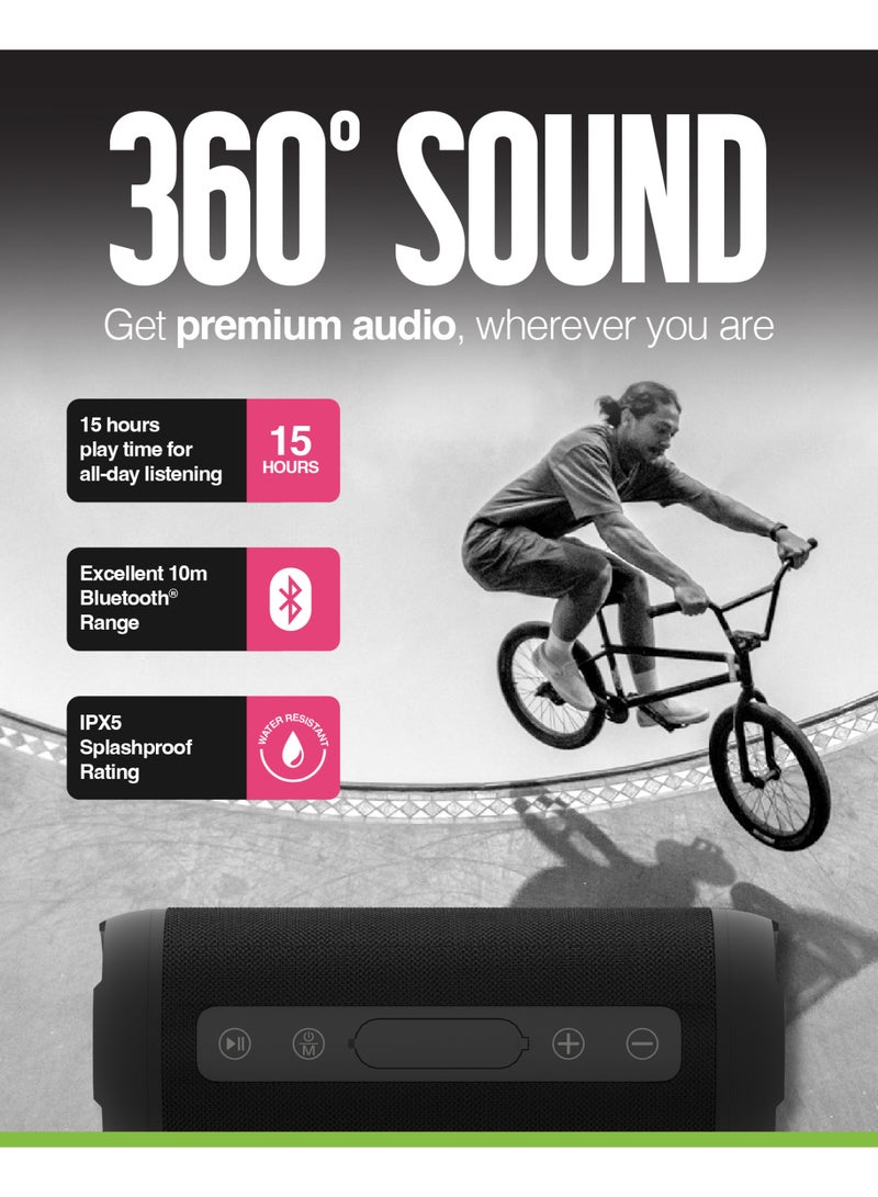 JUICE BoomPRO Portable Bluetooth Speakers, IPX5 Waterproof Wireless Speaker with 10W Loud Stereo, 360 Degree Sound, Outdoor Speaker with 10m Bluetooth Range, Deep Bass, 15H Playtime Wireless Stereo for Home, Outdoors, Hiking- Black - Image 4