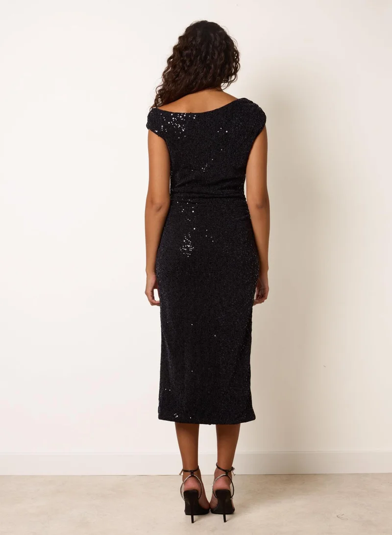 Blue Vanilla Off Shoulder Ruched Sequin Midi Dress