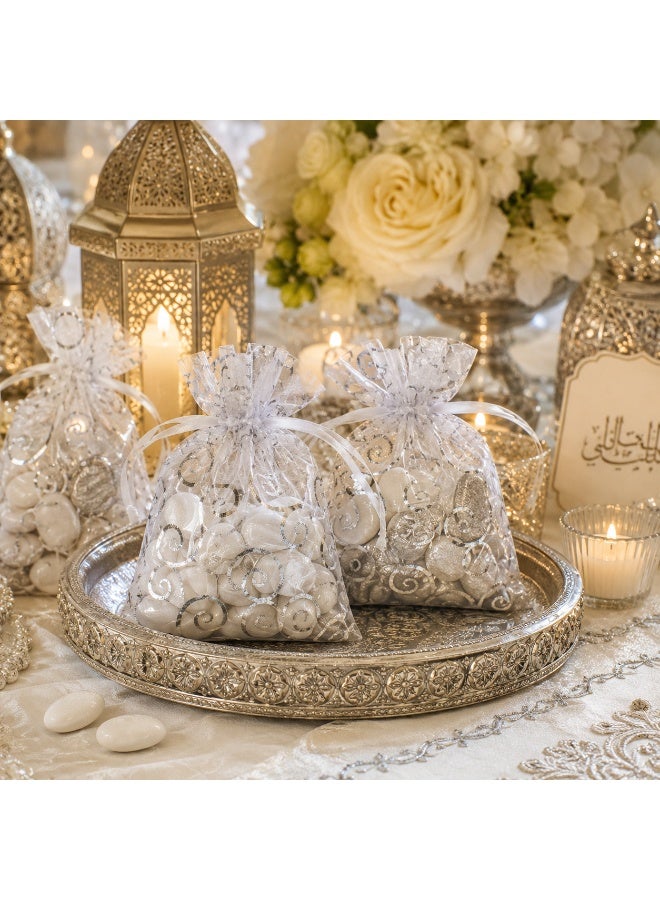50 Pcs Silver Swirl Printed Drawstring Organza Candy Gift Pouches Sheer Mesh Treat Bags for Ramadan Eid Wedding Birthday Party Small Gift Packaging 15*10cm - Image 5