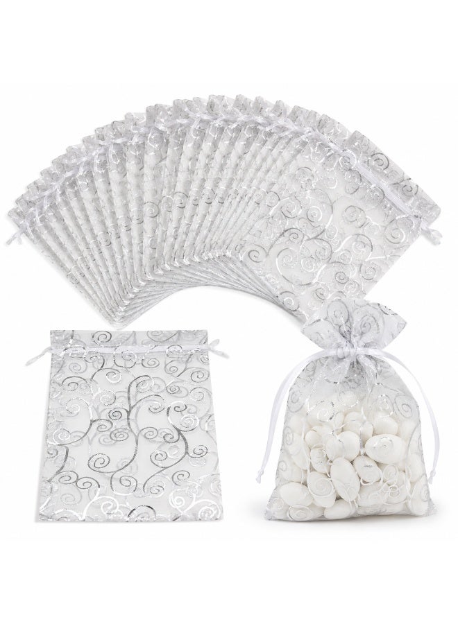 50 Pcs Silver Swirl Printed Drawstring Organza Candy Gift Pouches Sheer Mesh Treat Bags for Ramadan Eid Wedding Birthday Party Small Gift Packaging 15*10cm - Image 2