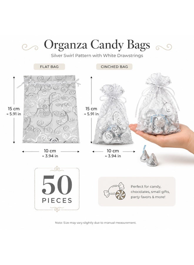 50 Pcs Silver Swirl Printed Drawstring Organza Candy Gift Pouches Sheer Mesh Treat Bags for Ramadan Eid Wedding Birthday Party Small Gift Packaging 15*10cm - Image 1