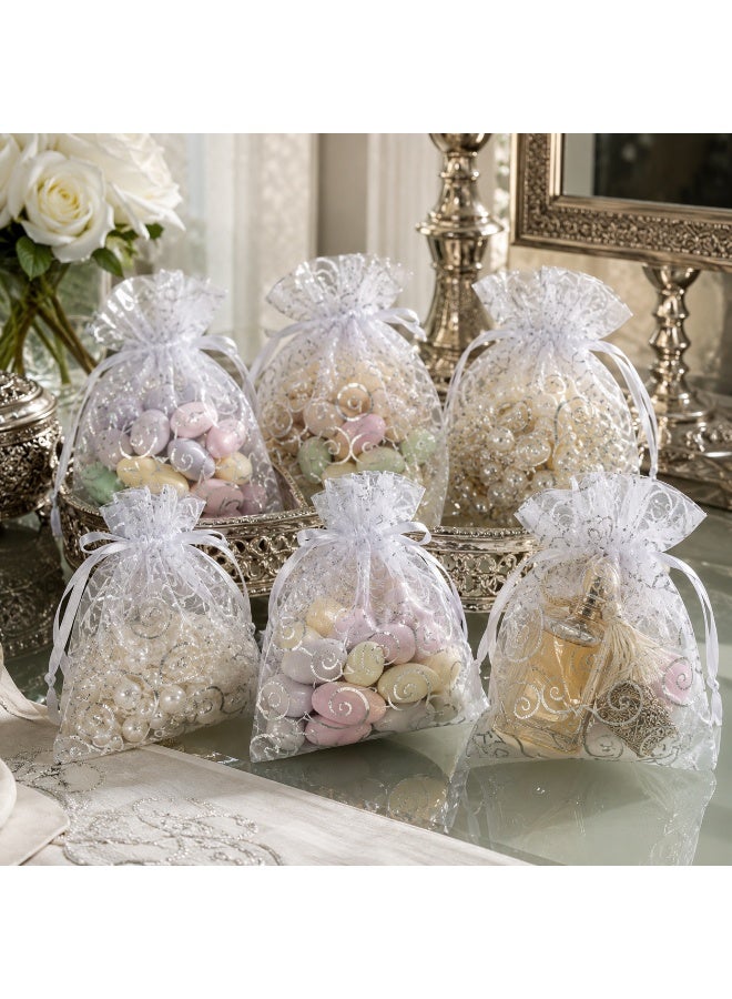 50 Pcs Silver Swirl Printed Drawstring Organza Candy Gift Pouches Sheer Mesh Treat Bags for Ramadan Eid Wedding Birthday Party Small Gift Packaging 15*10cm - Image 4