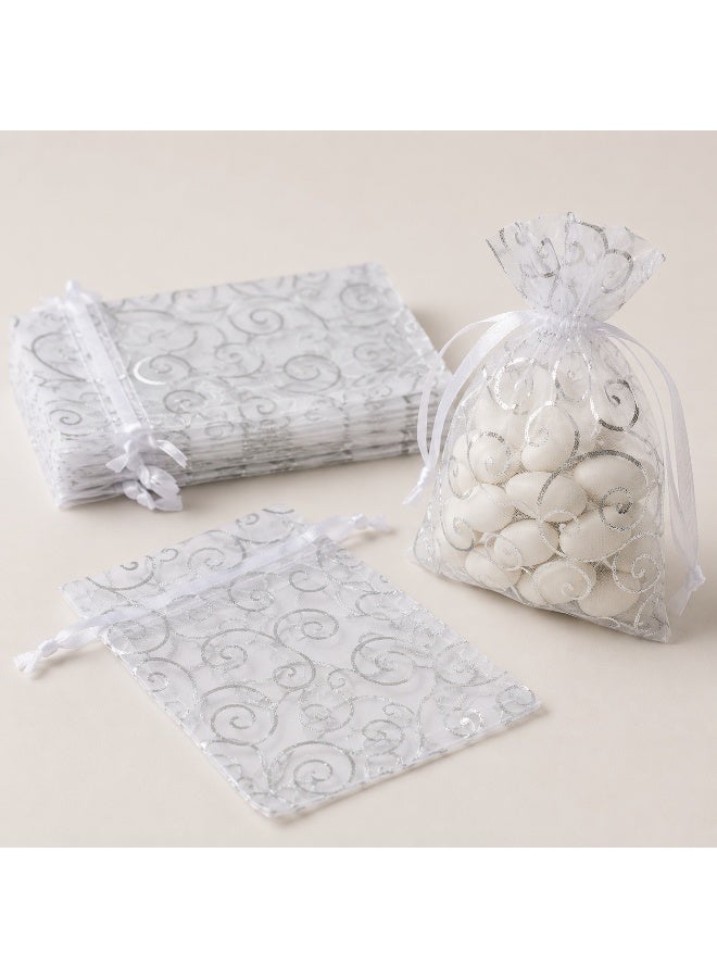 50 Pcs Silver Swirl Printed Drawstring Organza Candy Gift Pouches Sheer Mesh Treat Bags for Ramadan Eid Wedding Birthday Party Small Gift Packaging 15*10cm - Image 3