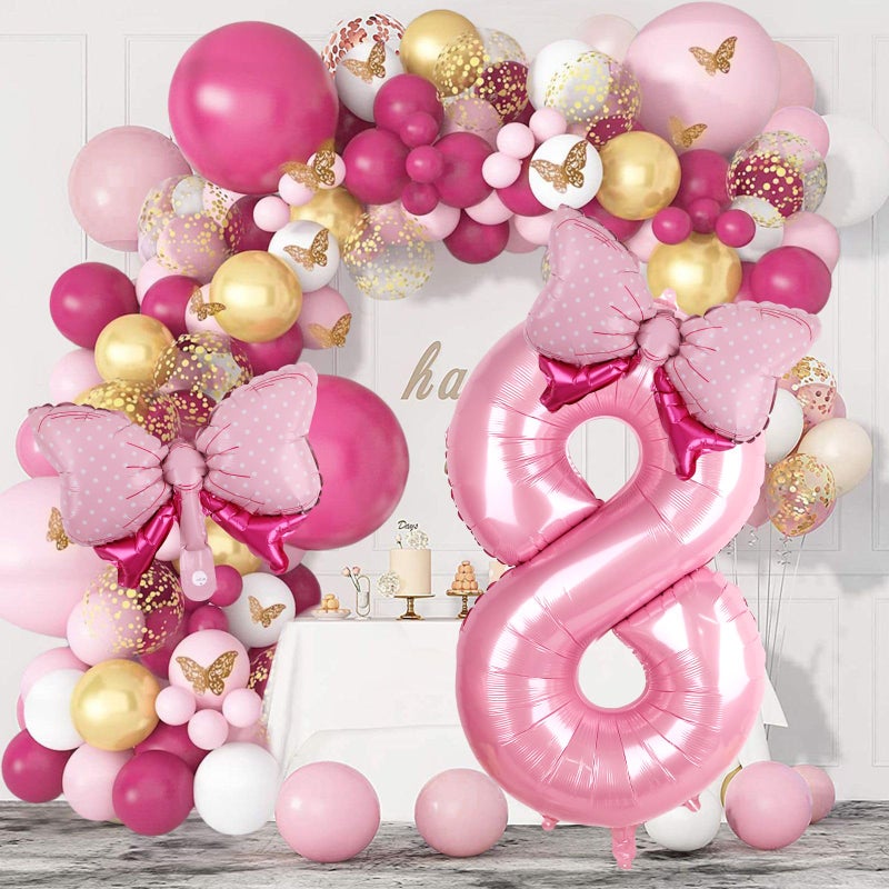 LEBERY Pink Bow Balloons 40 Inch Pink Number 8 Balloon Jumbo Number 8 Birthday Balloons for Girls, Mini Bowtie Foil Balloon for Princess Cowgirl Mouse Themed 8th Birthday Baby Shower Decorations - Image 2