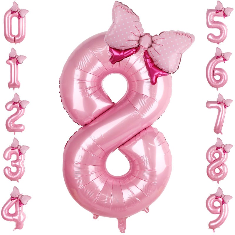 LEBERY Pink Bow Balloons 40 Inch Pink Number 8 Balloon Jumbo Number 8 Birthday Balloons for Girls, Mini Bowtie Foil Balloon for Princess Cowgirl Mouse Themed 8th Birthday Baby Shower Decorations - Image 1