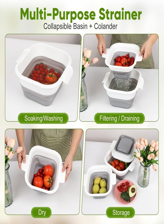 ROTTOGOON Collapsible Colander Set with Strainer Bowl, 2 in 1 Fruit Washing Basket with Strainer, 5 + 3 QT Plastic Colanders for Kitchen, Foldable Double Layered Colanders Bowl for Vegetable, Grey - Image 3