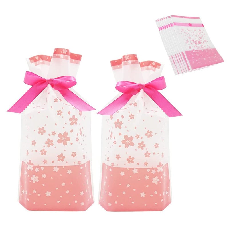 KUPOO 50Pcs Candy Cookies Plastic Drawstring Gift Bags 6X9 Inch Pink Cherry Blossom Treat Bags for Birthday Party Wedding Festival Gift Wrapper (Pink Cherry Blossom) - Image 1