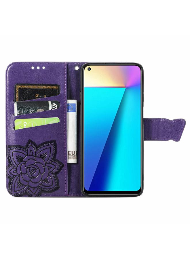 اس-توب جراب جلدي أفقي قابل للطي منقوش عليه زهور حب الفراشات مع حامل وفتحات للبطاقات ومحفظة وحبل لهاتف Infinix Note 7 - Image 3