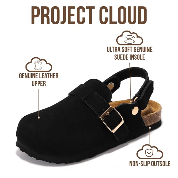 Project Cloud 100% Genuine Leather Kids Clogs with Natural Cork Footbed & Memory Foam Insole Arch Support - Non-Slip Clogs for Kids - Slippers Sandals for Boys & Girls Footwear(BentonKids, BLKSDE,11) - Image 3