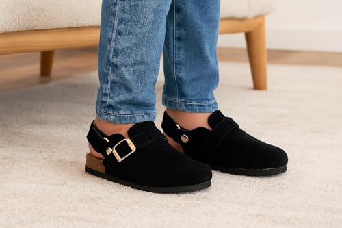 Project Cloud 100% Genuine Leather Kids Clogs with Natural Cork Footbed & Memory Foam Insole Arch Support - Non-Slip Clogs for Kids - Slippers Sandals for Boys & Girls Footwear(BentonKids, BLKSDE,11) - Image 2