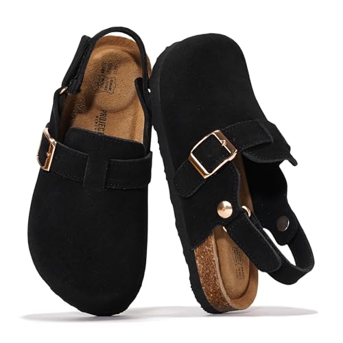 Project Cloud 100% Genuine Leather Kids Clogs with Natural Cork Footbed & Memory Foam Insole Arch Support - Non-Slip Clogs for Kids - Slippers Sandals for Boys & Girls Footwear(BentonKids, BLKSDE,11) - Image 1