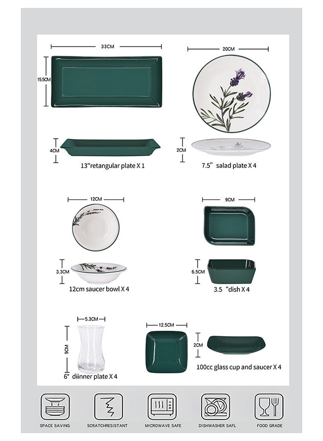 Noon East 21 Pc Porcelain Breakfast Set Lavender & Green | Serves 4 | Dishwasher and Microwave Safe - Image 4