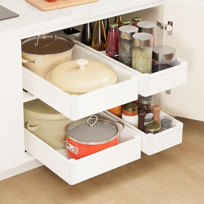 BELLO YON 4 Pack Pull Out Cabinet Organizer, 15.8'' Deep Pull Out Drawers for Cabinets with Metal Slides, Slide Out Drawers for Kitchen Fixed with Nano Adhesive, Roll out Shelves for Bathroom, Pantry (White) - Image 1