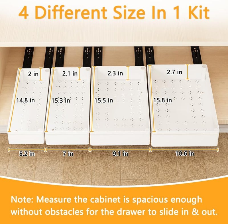 BELLO YON 4 Pack Pull Out Cabinet Organizer, 15.8'' Deep Pull Out Drawers for Cabinets with Metal Slides, Slide Out Drawers for Kitchen Fixed with Nano Adhesive, Roll out Shelves for Bathroom, Pantry (White) - Image 3