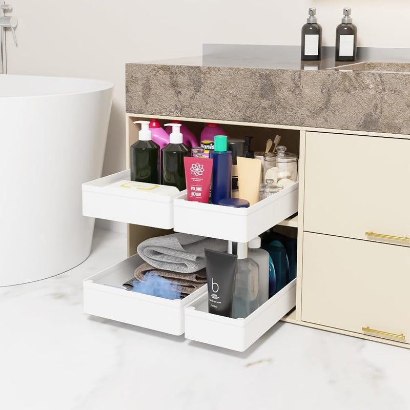 BELLO YON 4 Pack Pull Out Cabinet Organizer, 15.8'' Deep Pull Out Drawers for Cabinets with Metal Slides, Slide Out Drawers for Kitchen Fixed with Nano Adhesive, Roll out Shelves for Bathroom, Pantry (White) - Image 2