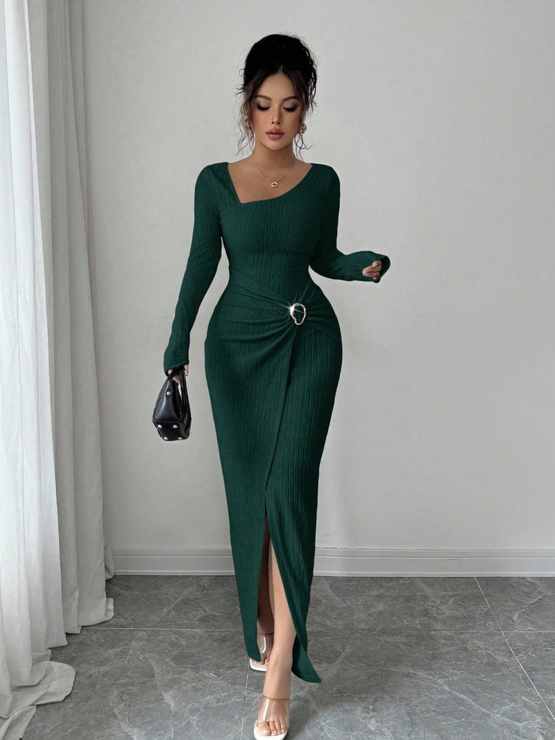 Irregular Neckline Knit Texture Long Dress for Women - Image 2