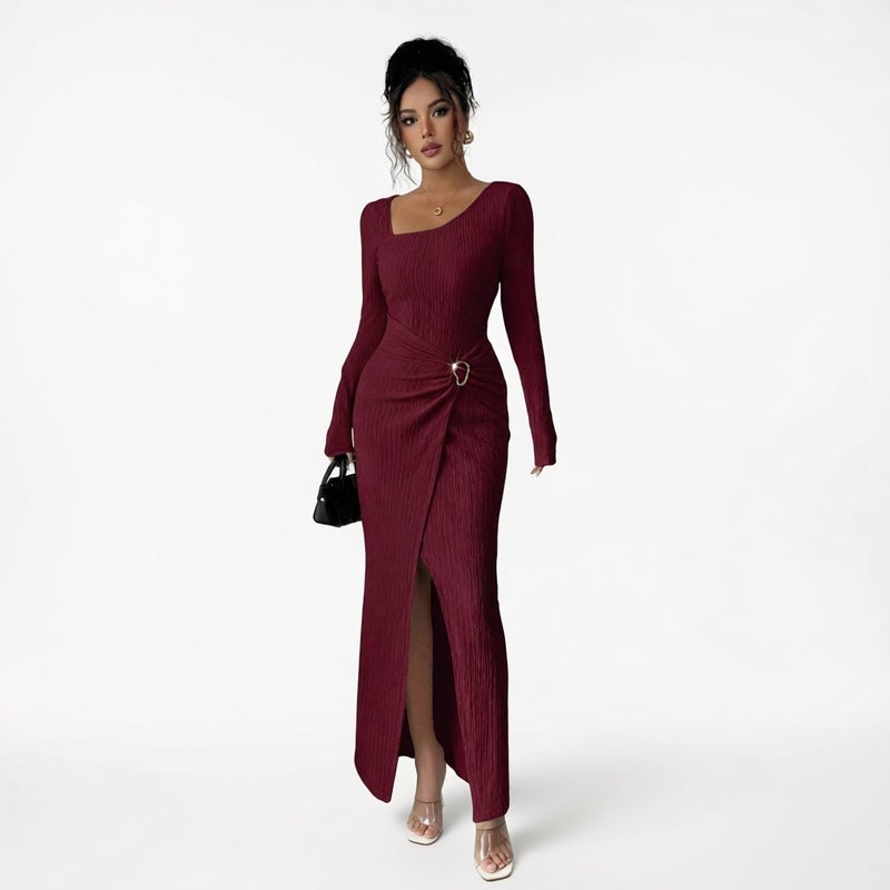 Irregular Neckline Knit Texture Long Dress for Women - Image 1