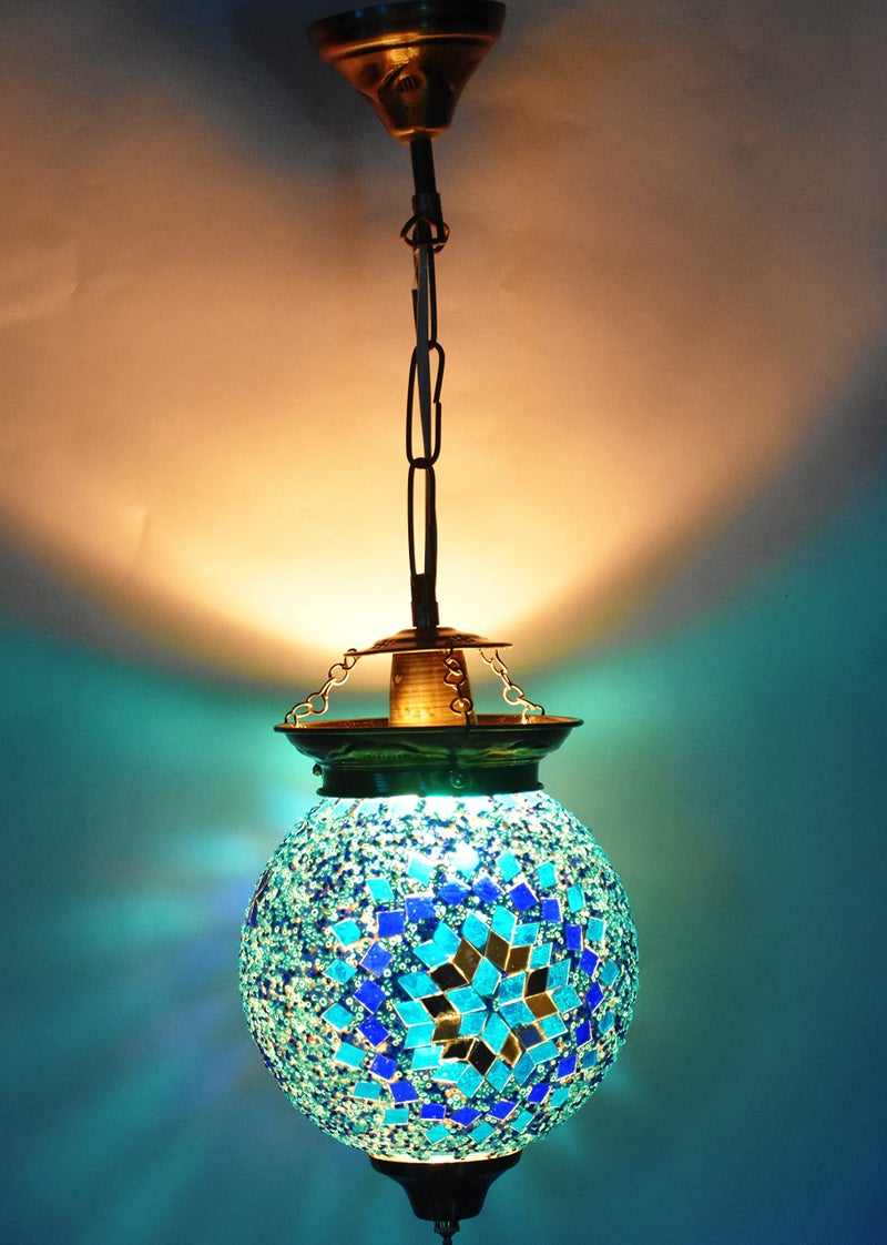 Lovekush 50 Watts Handicrafts Round Antique Pendant Hanging Lamp (Light Blue,Glass)(Ac) - Image 2