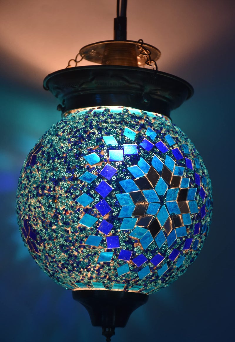 Lovekush 50 Watts Handicrafts Round Antique Pendant Hanging Lamp (Light Blue,Glass)(Ac) - Image 3