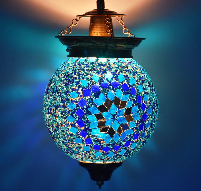 Lovekush 50 Watts Handicrafts Round Antique Pendant Hanging Lamp (Light Blue,Glass)(Ac) - Image 1