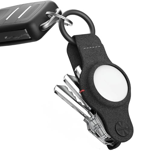 key smart حامل مفاتيح KeySmart AirTag، متوافق مع حامل Apple AirTag، منظم مفاتيح، حقيبة لحامل مفاتيح AirTag، حلقة مفاتيح - (حتى 5 مفاتيح، جلد نباتي أسود، AirTags غير مشمولة) - Image 1