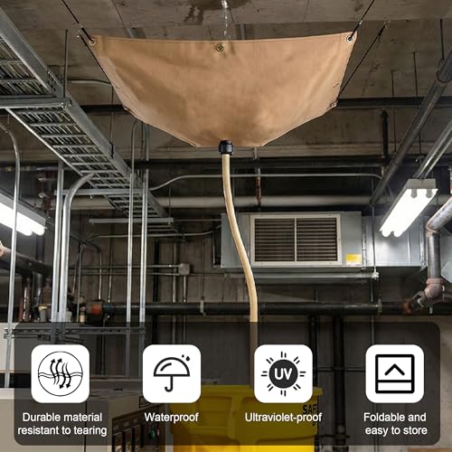 Tredre Ceiling Leak Diverter, Heavy Duty 420D Oxford Fabric Roof Ceiling Leak Drip Diverter Tarp with 10ft Drain Hose, Khaki, 3' x 3' - Image 3