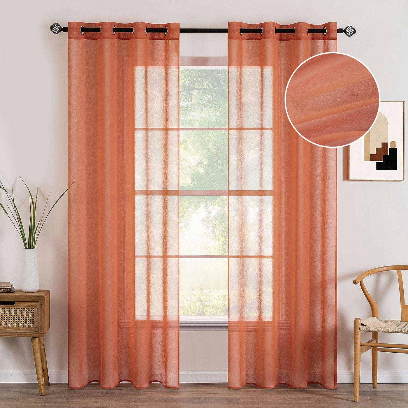 MIULEE 2 Panels Burnt Orange Semi Sheer Window Curtains Elegant Grommet Top Window Voile DrapesTreatment Linen Textured Panels for Bedroom Living Room Fall Decor 54X72 Inches