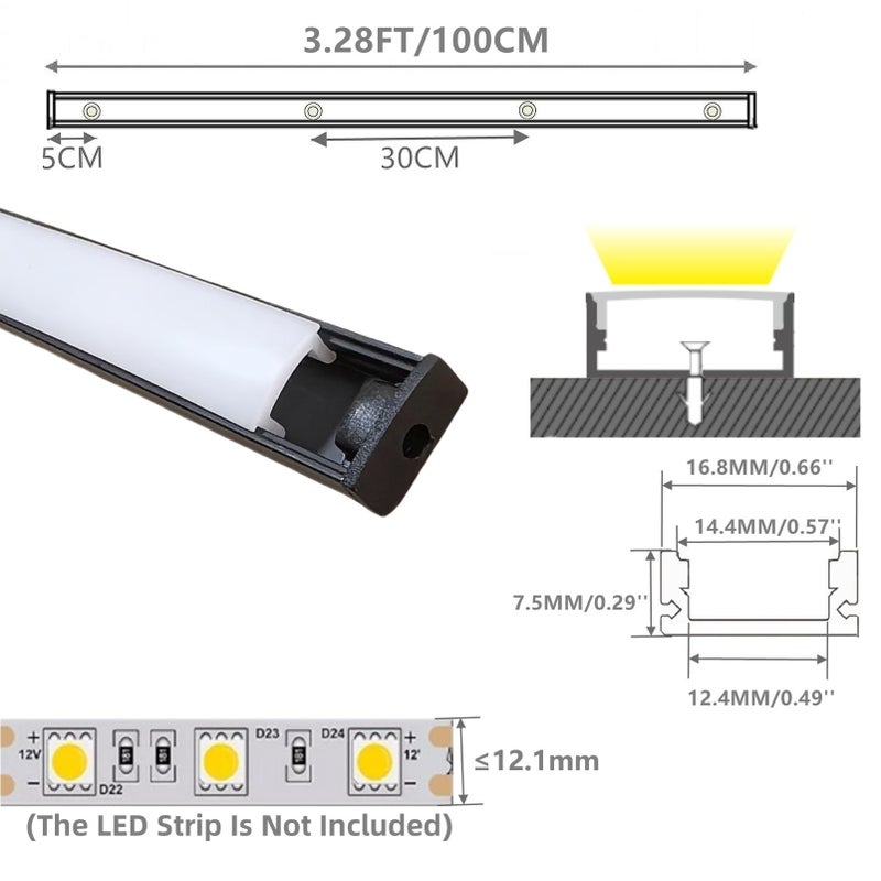 THMOOTHER LED Strip Pre-Drilled Black U Channel Diffuser 10-Pack 3.28FT,Surface Mounted Tape Light Aluminum Track with Continuous Silicone Cover. Flush Installed Low Profile (Black, 10X3.3FT) - Image 2