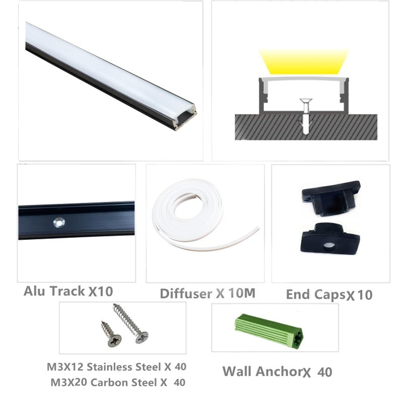 THMOOTHER LED Strip Pre-Drilled Black U Channel Diffuser 10-Pack 3.28FT,Surface Mounted Tape Light Aluminum Track with Continuous Silicone Cover. Flush Installed Low Profile (Black, 10X3.3FT) - Image 3