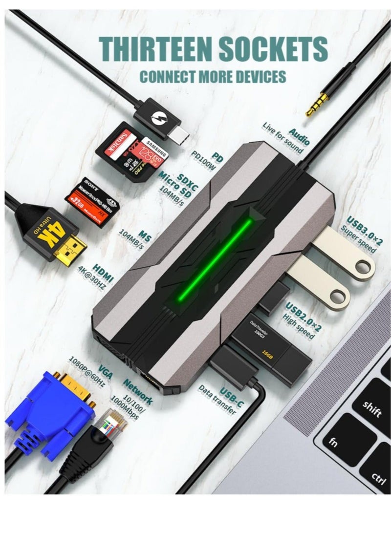 Captaintech USB C Laptop Docking Station, 13 in 1 USB C Hub Multiport Adapter Dongle with 4K HDMI, 2*USB 3.0&USB 2.0, 1*USB C, VGA, 100W PD Charging, Suit for MacBook - Image 2