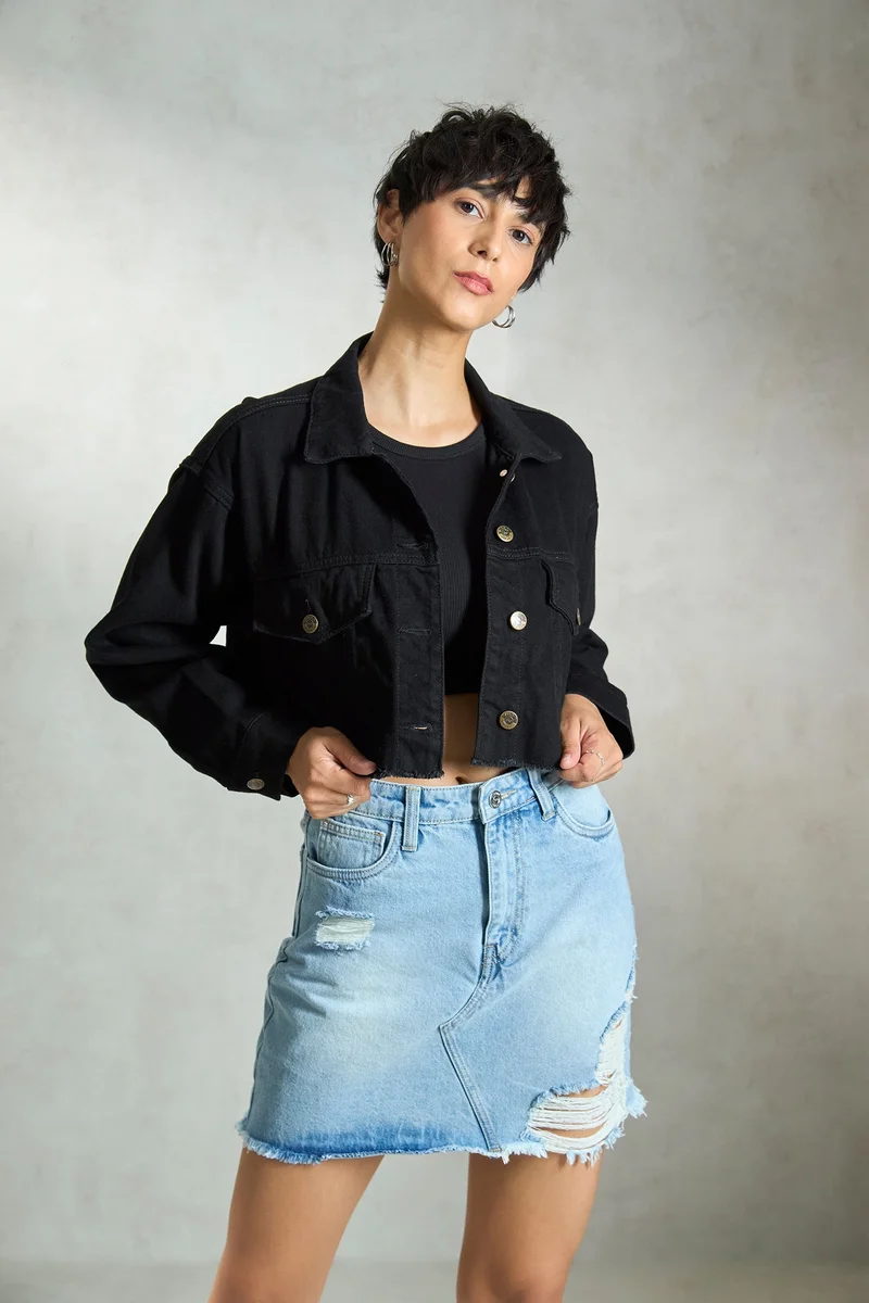 Virgio Denim Cotton Relaxed Crop Denim Black Jacket for Women