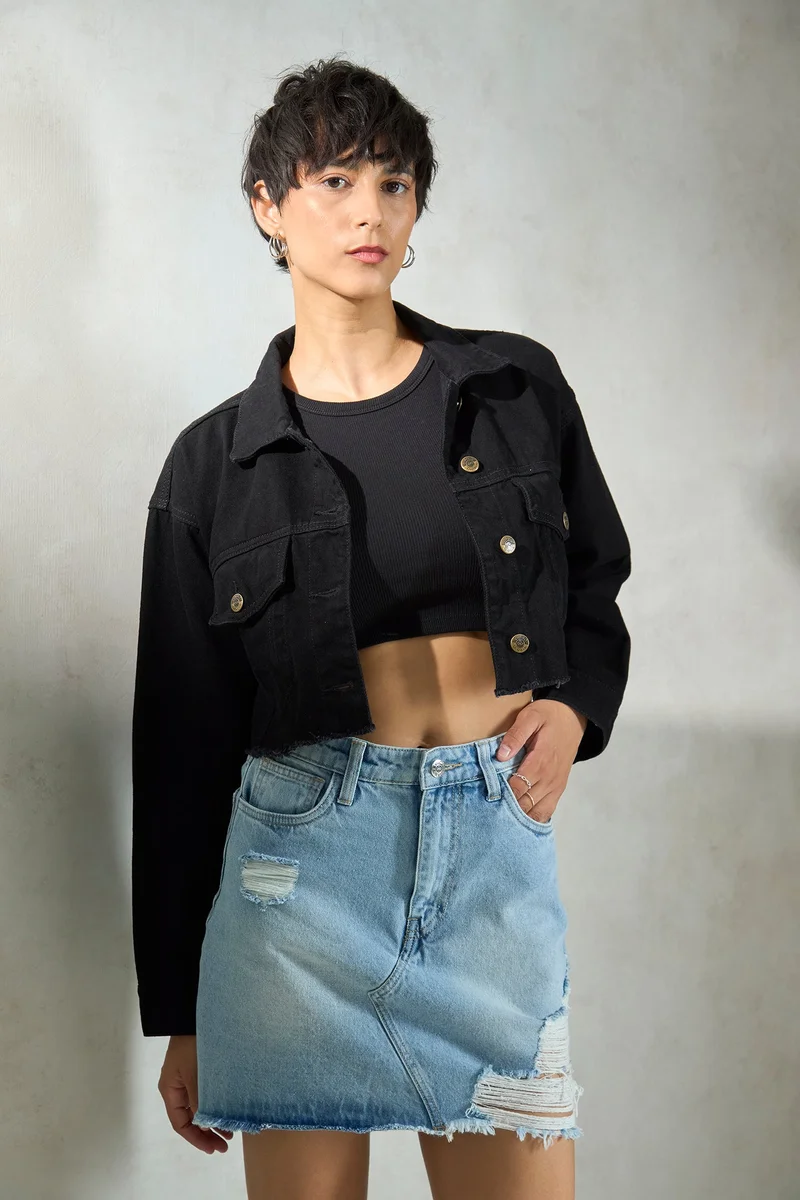 Virgio Denim Cotton Relaxed Crop Denim Black Jacket for Women