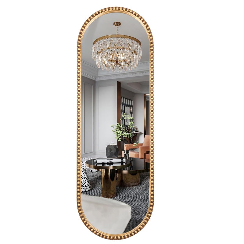 Fobule Oval Full Length Mirror 16x47 Metal Beaded Frame Large Hanging Dressing Floor Mirror for Bedroom Living Room Entryway Antique Gold No Stand