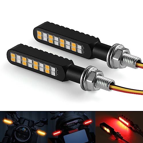 iFunyLED 2PCS Flowing LED Motorcycle Turn Signal Strobe Brake Tail Lights, Aluminum Alloy 12V Super Bright Motorbike Front Rear Blinkers Fit for Harley Honda KTM Kawasaki Suzuki Yamaha - Red & Amber - Image 1