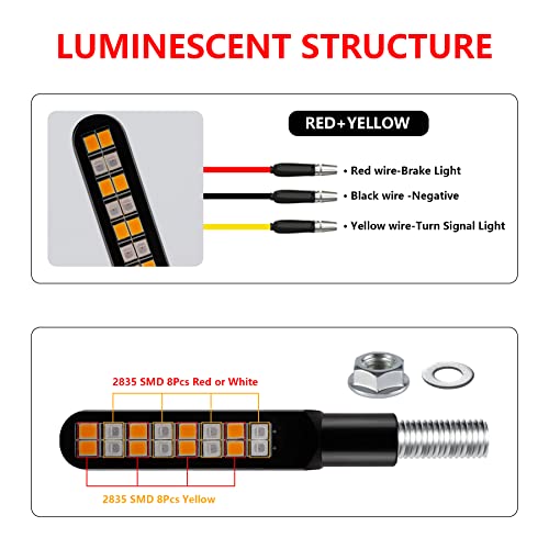 iFunyLED 2PCS Flowing LED Motorcycle Turn Signal Strobe Brake Tail Lights, Aluminum Alloy 12V Super Bright Motorbike Front Rear Blinkers Fit for Harley Honda KTM Kawasaki Suzuki Yamaha - Red & Amber - Image 5