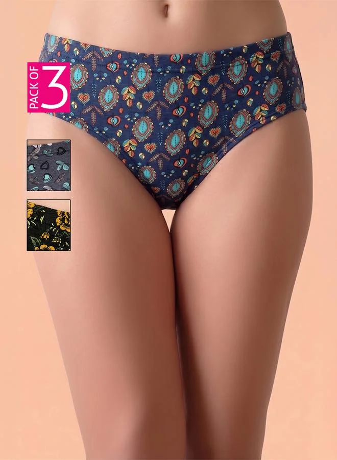كلوفيا Pack of 3-Mid Waist Printed Hipster Panties with Inner Elastic - 100% Cotton