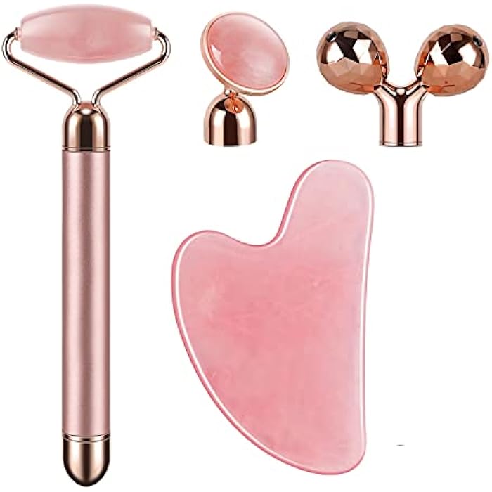 SSGP 4-in-1 Face Massager and Gua Sha Set for Women, Rose Quartz Face Roller Skin Care Tools Electric Eye Massager Tool for Face Skin Roller - Image 1