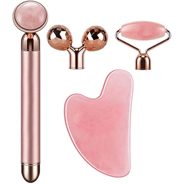 SSGP 4-in-1 Face Massager and Gua Sha Set for Women, Rose Quartz Face Roller Skin Care Tools Electric Eye Massager Tool for Face Skin Roller - Image 2
