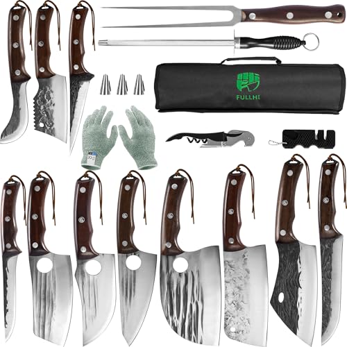 FULLHI 17pcs Butcher Chef Knife Set with Sheath High Carbon Steel Cleaver Kitchen Knife Whole Tang Vegetable Cleaver for Home BBQ Camping with Knife Bag - Image 1