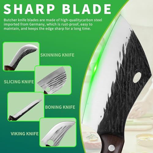 FULLHI 17pcs Butcher Chef Knife Set with Sheath High Carbon Steel Cleaver Kitchen Knife Whole Tang Vegetable Cleaver for Home BBQ Camping with Knife Bag - Image 5