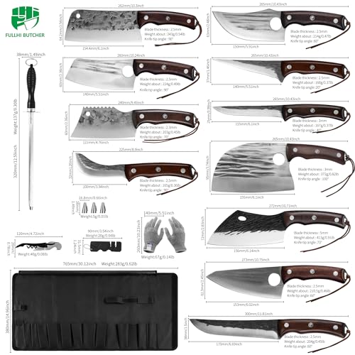 FULLHI 17pcs Butcher Chef Knife Set with Sheath High Carbon Steel Cleaver Kitchen Knife Whole Tang Vegetable Cleaver for Home BBQ Camping with Knife Bag - Image 2