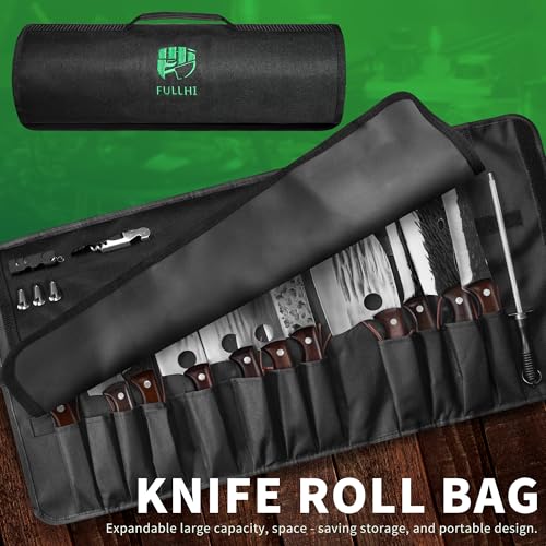 FULLHI 17pcs Butcher Chef Knife Set with Sheath High Carbon Steel Cleaver Kitchen Knife Whole Tang Vegetable Cleaver for Home BBQ Camping with Knife Bag - Image 4